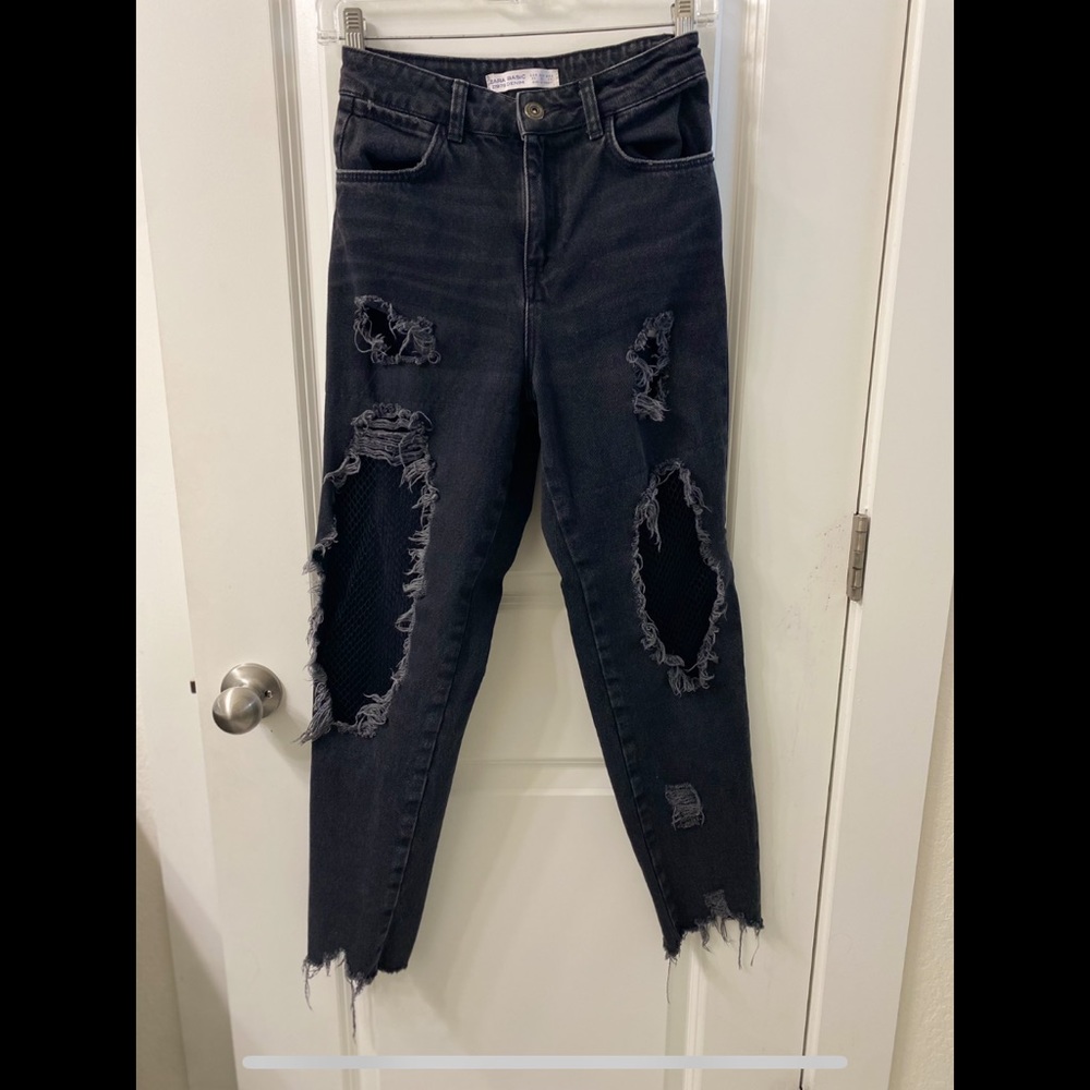 Zara Black Mom Fit Distressed with Fishnet